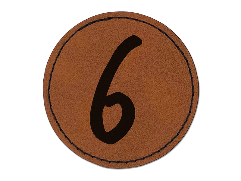 Number 6 Six Felt Marker Font Round Iron-On Engraved Faux Leather Patch Applique - 2.5"