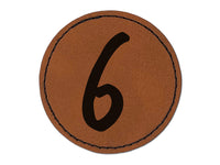 Number 6 Six Felt Marker Font Round Iron-On Engraved Faux Leather Patch Applique - 2.5"