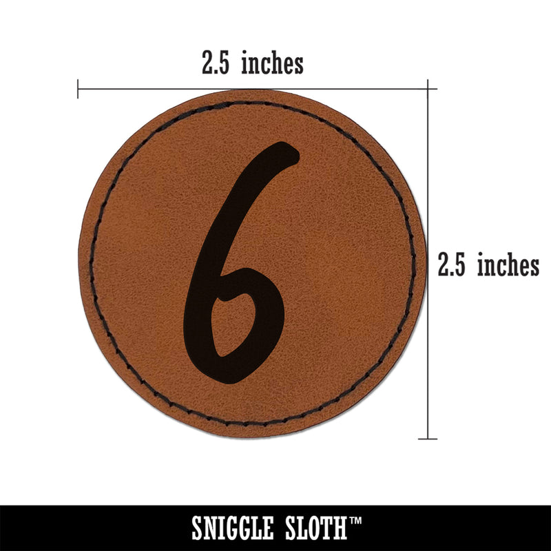 Number 6 Six Felt Marker Font Round Iron-On Engraved Faux Leather Patch Applique - 2.5"