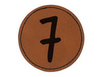 Number 7 Seven Felt Marker Font Round Iron-On Engraved Faux Leather Patch Applique - 2.5"