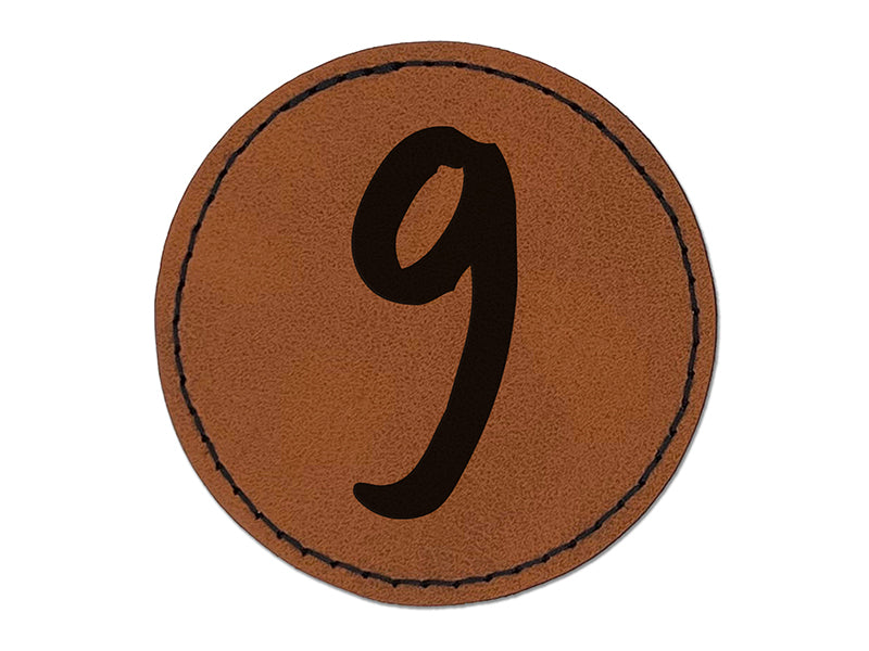 Number 9 Nine Felt Marker Font Round Iron-On Engraved Faux Leather Patch Applique - 2.5"