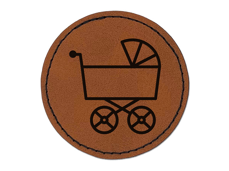 Baby Carriage Pram Stroller Round Iron-On Engraved Faux Leather Patch Applique - 2.5"