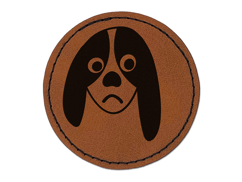 Bored Basset Hound Face Round Iron-On Engraved Faux Leather Patch Applique - 2.5"