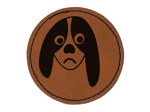 Bored Basset Hound Face Round Iron-On Engraved Faux Leather Patch Applique - 2.5"