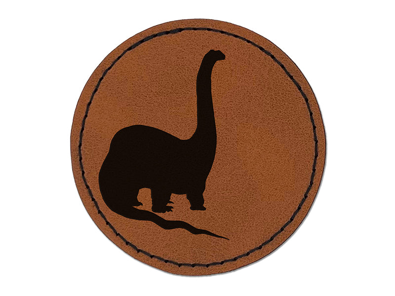 Brachiosaurus Dinosaur Solid Round Iron-On Engraved Faux Leather Patch Applique - 2.5"