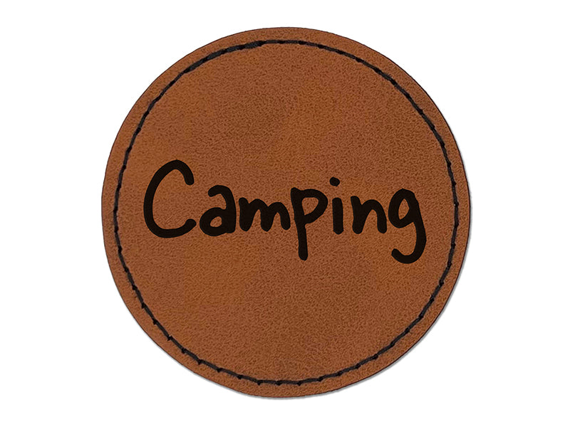 Camping Fun Text Round Iron-On Engraved Faux Leather Patch Applique - 2.5"