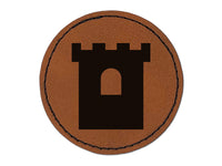 Castle Turret Tower Solid Round Iron-On Engraved Faux Leather Patch Applique - 2.5"