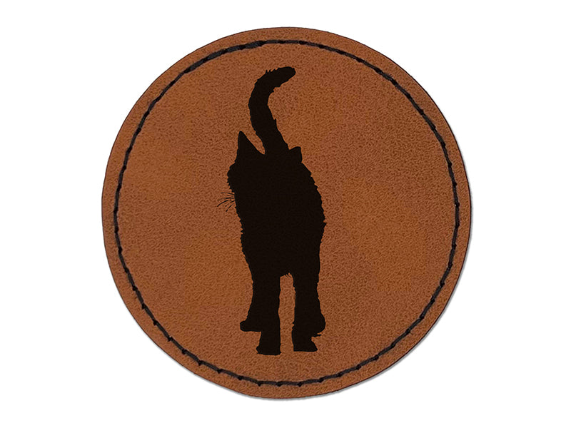 Cat Walking Solid Round Iron-On Engraved Faux Leather Patch Applique - 2.5"