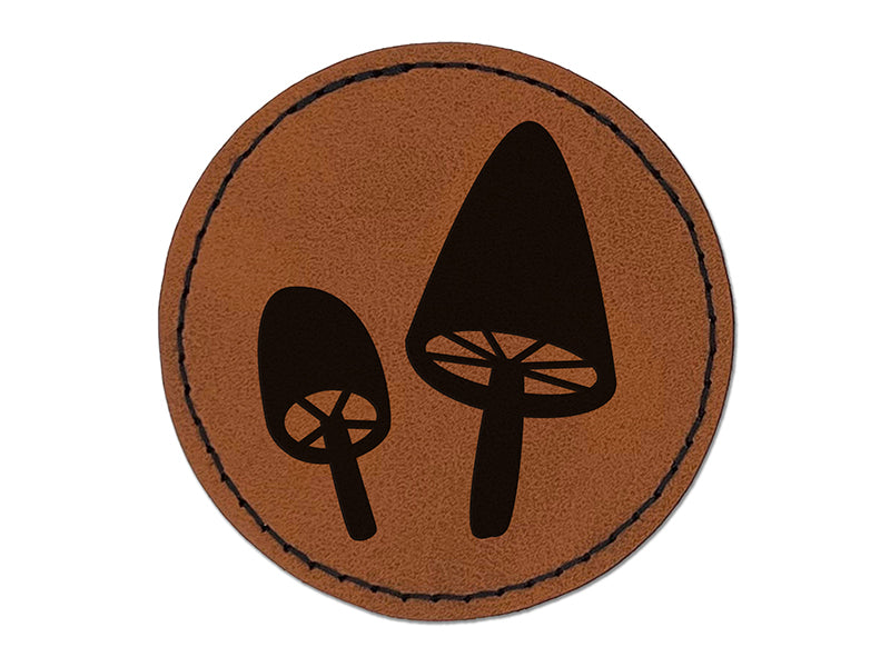 Charming Toadstool Mushroom Pair Round Iron-On Engraved Faux Leather Patch Applique - 2.5"
