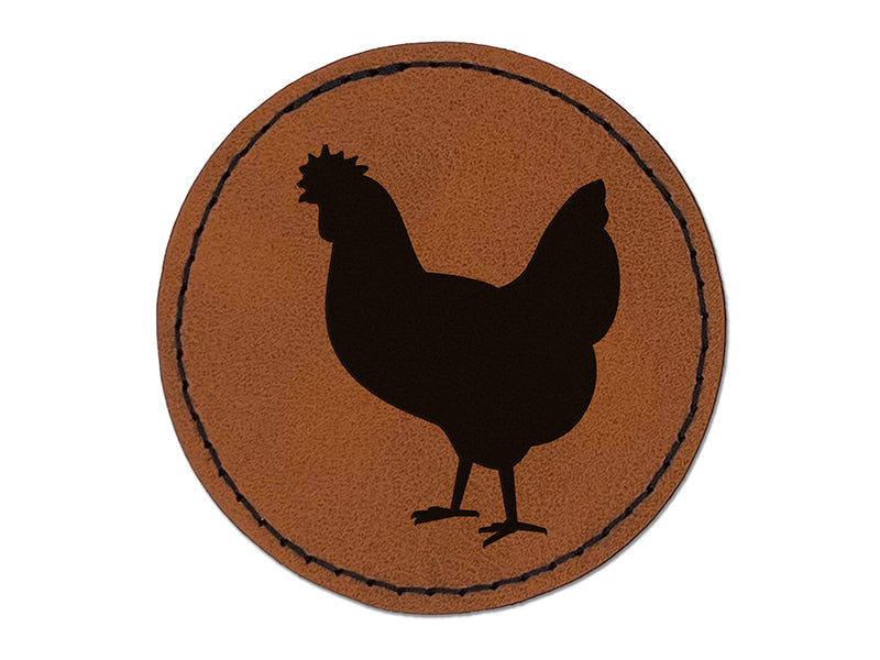 Chicken Standing Solid Round Iron-On Engraved Faux Leather Patch Applique - 2.5"