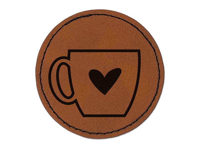 Coffee Love Mug Cup Outline Round Iron-On Engraved Faux Leather Patch Applique - 2.5"