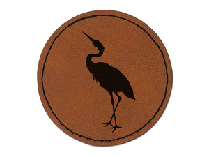 Crane Standing Solid Round Iron-On Engraved Faux Leather Patch Applique - 2.5"