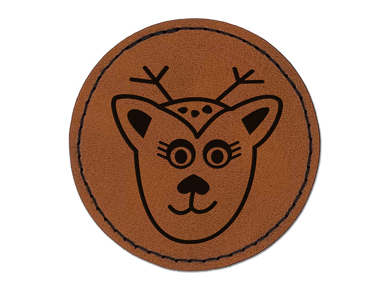 Delightful Deer Face Round Iron-On Engraved Faux Leather Patch Applique - 2.5"