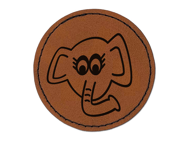 Elegant Elephant Face Round Iron-On Engraved Faux Leather Patch Applique - 2.5"