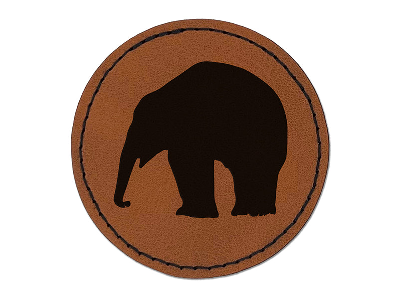 Elephant Side View Solid Round Iron-On Engraved Faux Leather Patch Applique - 2.5"