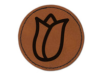 Flower Bud Outline Round Iron-On Engraved Faux Leather Patch Applique - 2.5"