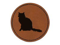Fluffy Cat Solid Round Iron-On Engraved Faux Leather Patch Applique - 2.5"
