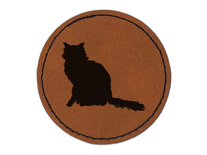 Fluffy Cat Solid Round Iron-On Engraved Faux Leather Patch Applique - 2.5"