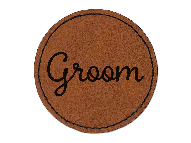 Groom Wedding Fun Text Round Iron-On Engraved Faux Leather Patch Applique - 2.5"