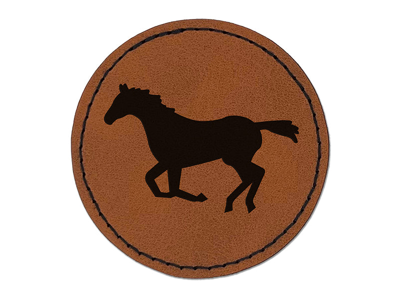 Horse Running Solid Round Iron-On Engraved Faux Leather Patch Applique - 2.5"