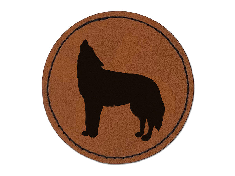 Howling Wolf Solid Round Iron-On Engraved Faux Leather Patch Applique - 2.5"