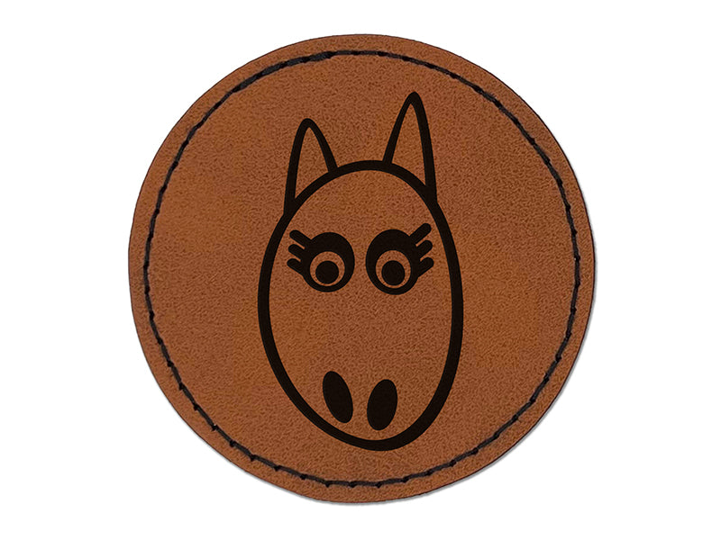 Lovely Horse Face Round Iron-On Engraved Faux Leather Patch Applique - 2.5"