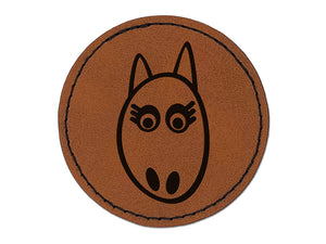 Lovely Horse Face Round Iron-On Engraved Faux Leather Patch Applique - 2.5"