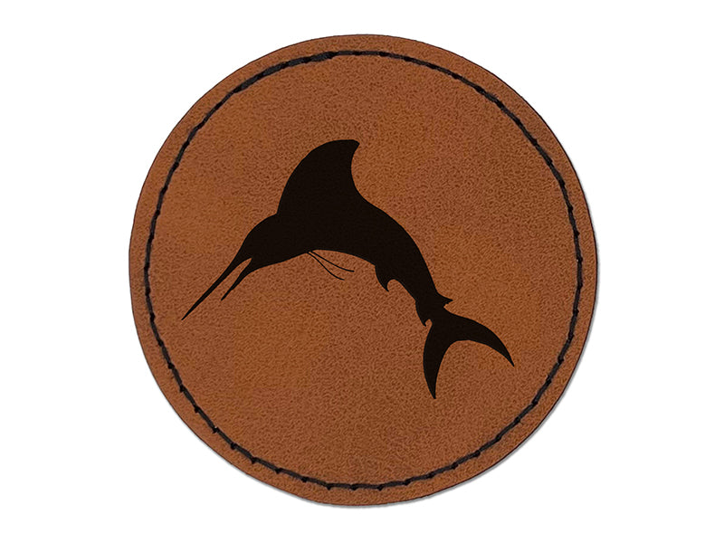 Marlin Fish Round Iron-On Engraved Faux Leather Patch Applique - 2.5"