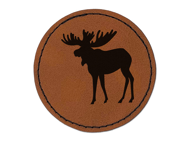 Moose Solid Round Iron-On Engraved Faux Leather Patch Applique - 2.5"