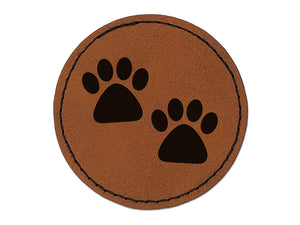 Paw Prints Pair Dog Cat Round Iron-On Engraved Faux Leather Patch Applique - 2.5"