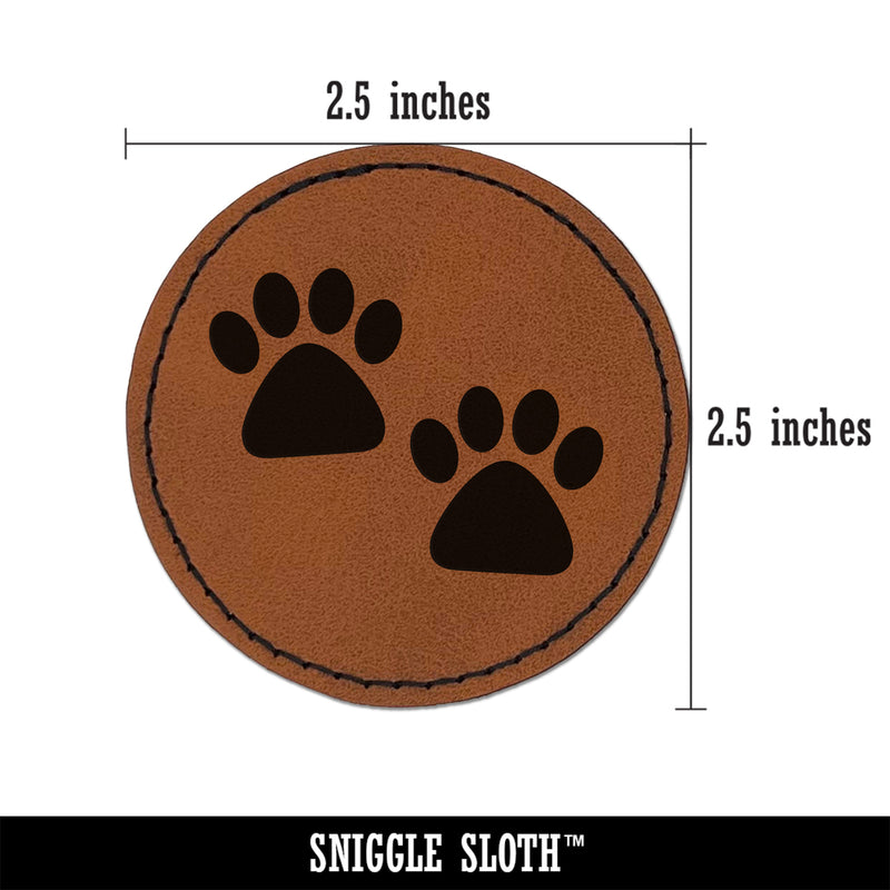 Paw Prints Pair Dog Cat Round Iron-On Engraved Faux Leather Patch Applique - 2.5"