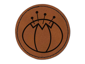 Pin Cushion Sewing Round Iron-On Engraved Faux Leather Patch Applique - 2.5"