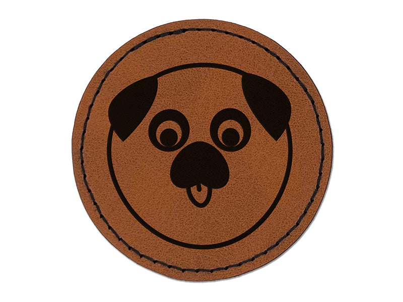 Playful Pug Face Round Iron-On Engraved Faux Leather Patch Applique - 2.5"