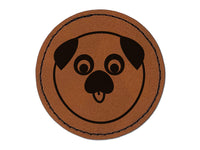 Playful Pug Face Round Iron-On Engraved Faux Leather Patch Applique - 2.5"