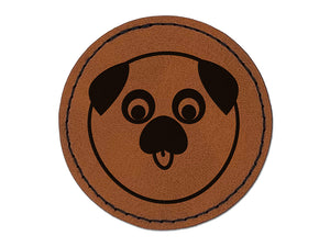 Playful Pug Face Round Iron-On Engraved Faux Leather Patch Applique - 2.5"