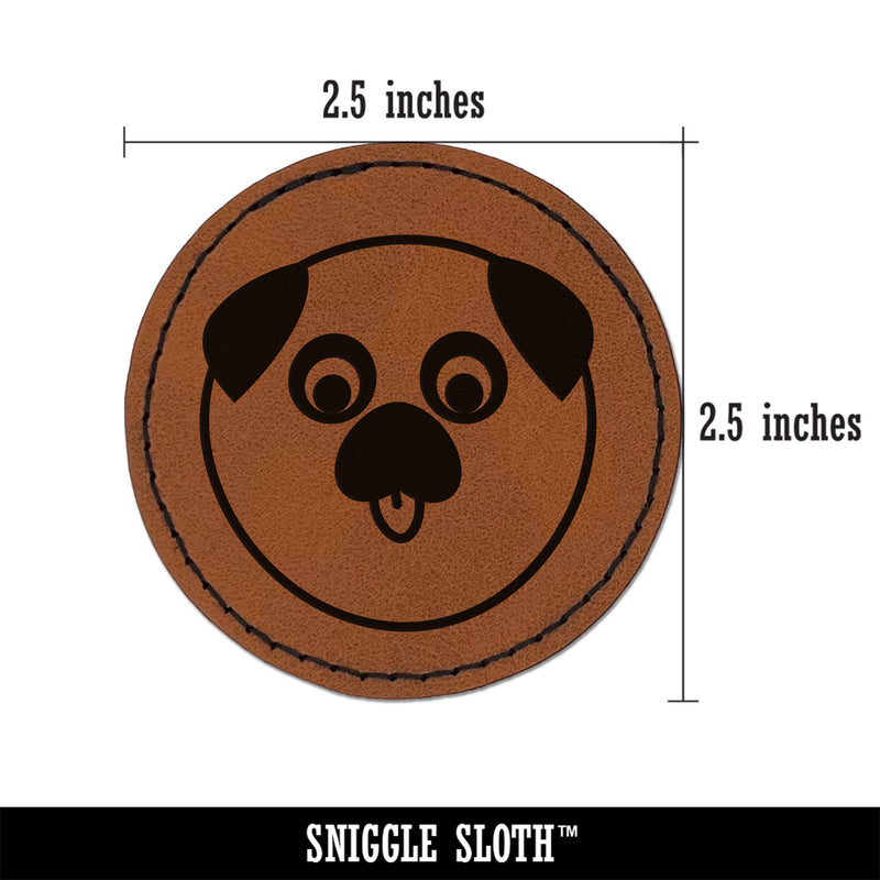 Playful Pug Face Round Iron-On Engraved Faux Leather Patch Applique - 2.5"