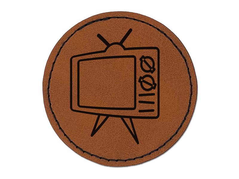 Retro TV Television Round Iron-On Engraved Faux Leather Patch Applique - 2.5"
