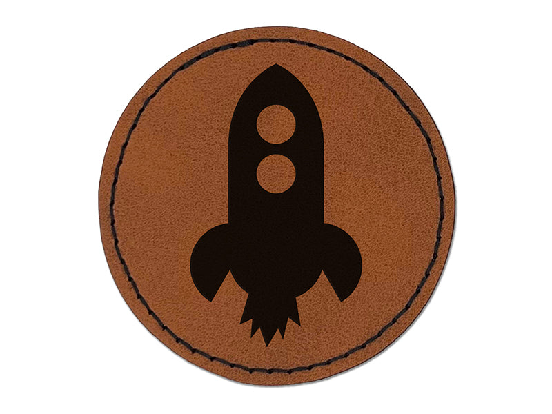 Rocket Ship Doodle Round Iron-On Engraved Faux Leather Patch Applique - 2.5"