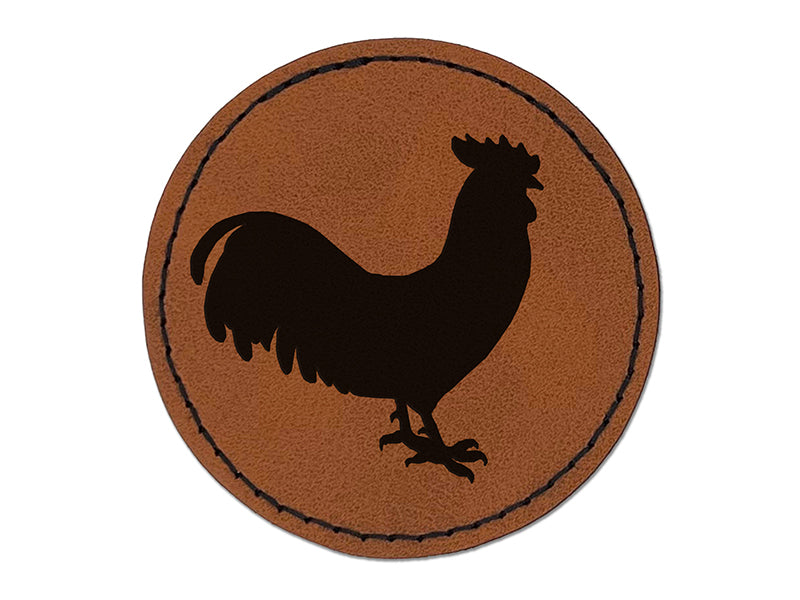 Rooster Chicken Standing Solid Round Iron-On Engraved Faux Leather Patch Applique - 2.5"
