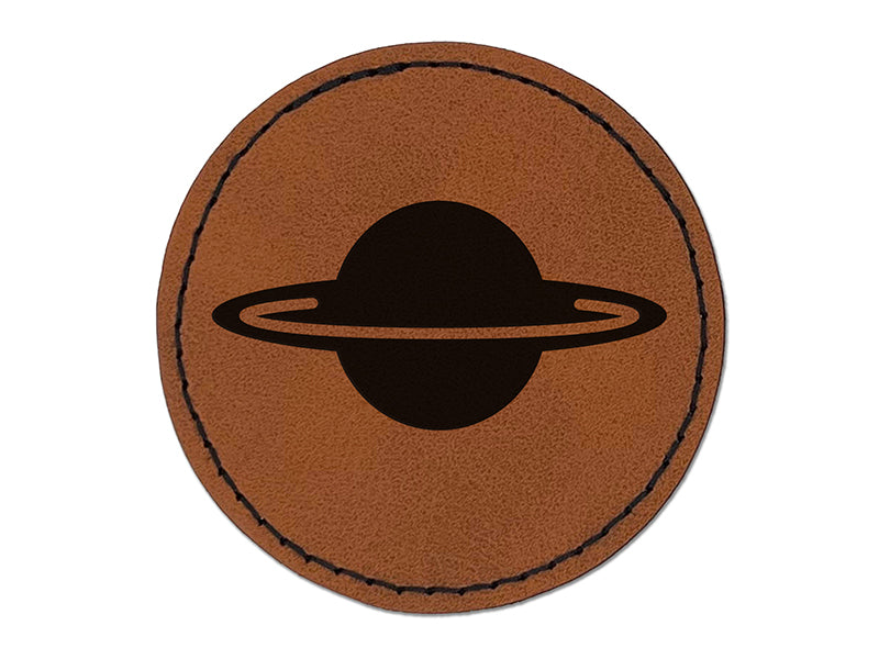 Saturn Planet Symbol Round Iron-On Engraved Faux Leather Patch Applique - 2.5"