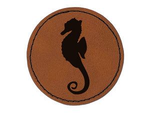 Seahorse Solid Round Iron-On Engraved Faux Leather Patch Applique - 2.5"