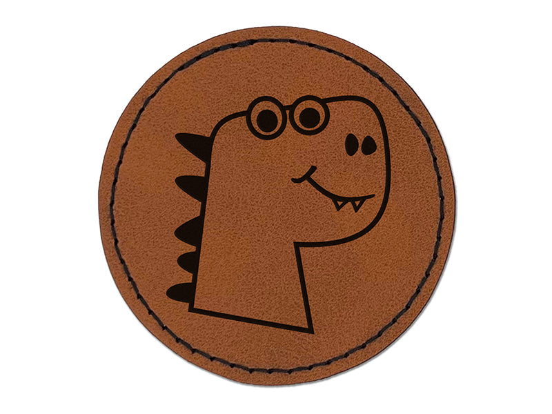 Silly Dinosaur Head Doodle Round Iron-On Engraved Faux Leather Patch Applique - 2.5"