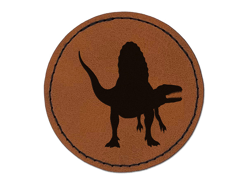 Spinosaurus Dinosaur Solid Round Iron-On Engraved Faux Leather Patch Applique - 2.5"