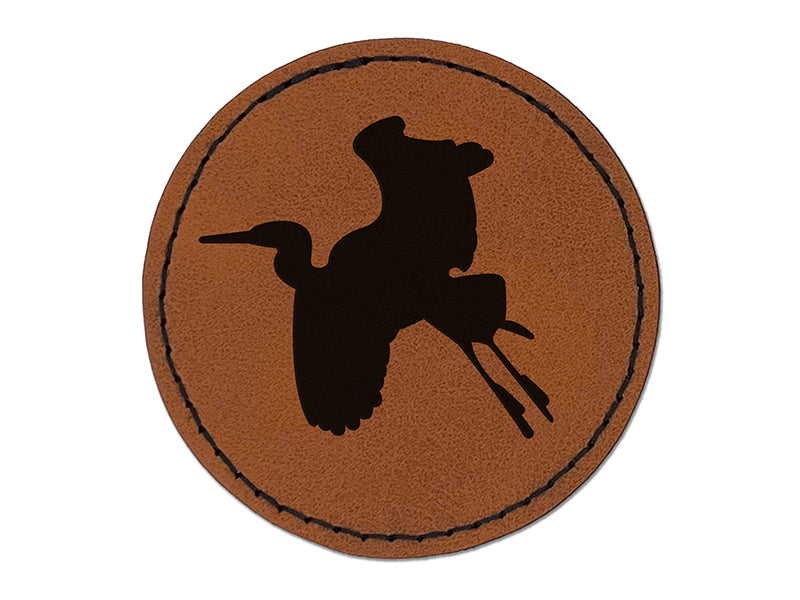 Stork Flying Solid Round Iron-On Engraved Faux Leather Patch Applique - 2.5"