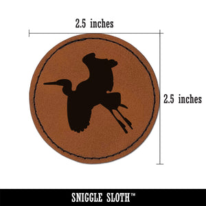 Stork Flying Solid Round Iron-On Engraved Faux Leather Patch Applique - 2.5"