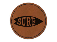 Surfing Surfboard Fun Text Round Iron-On Engraved Faux Leather Patch Applique - 2.5"