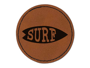 Surfing Surfboard Fun Text Round Iron-On Engraved Faux Leather Patch Applique - 2.5"