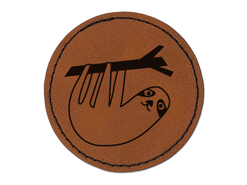 Sweet Sloth Hanging from Tree Round Iron-On Engraved Faux Leather Patch Applique - 2.5"