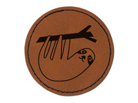 Sweet Sloth Hanging from Tree Round Iron-On Engraved Faux Leather Patch Applique - 2.5"