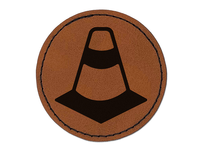 Traffic Cone Round Iron-On Engraved Faux Leather Patch Applique - 2.5"